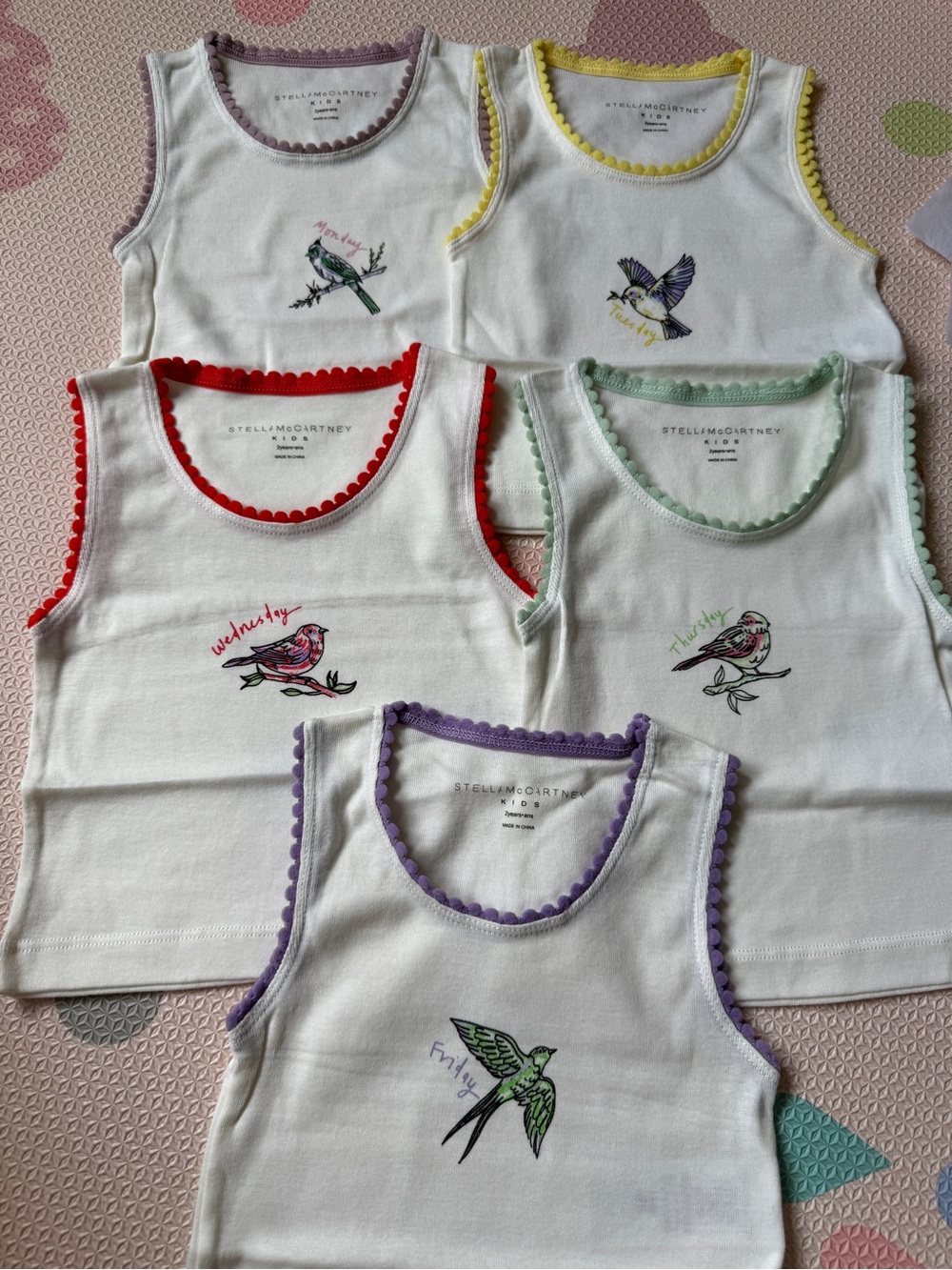 Stella McCartney Kids White Tank Weekday Tops with Multicolor Trim and Bird
